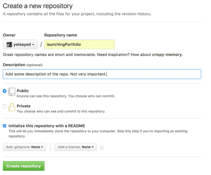 Make sure to have the “Initialize this repository with a README” option checked